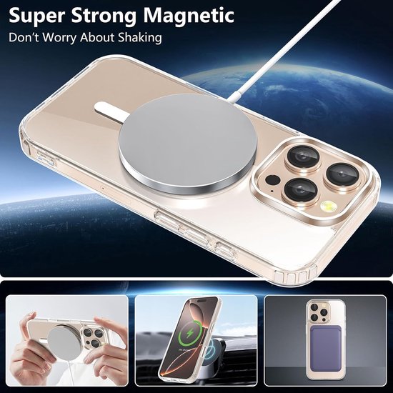 Telefoon in transparant ringhoesje bij magnetische oplader met toepassingencollage