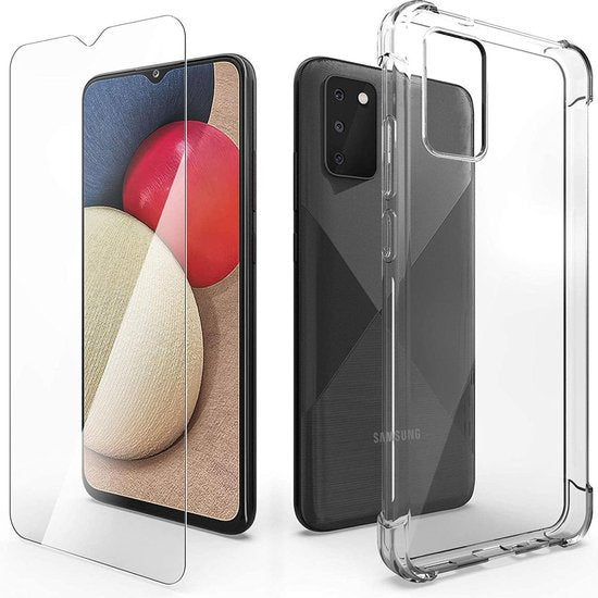 Samsung Galaxy A02s Hoesjes – Siliconen TPU Backcover – Schokbestendig – 2x Gehard Glas Screenprotector – Transparant-Ilumina Benelux