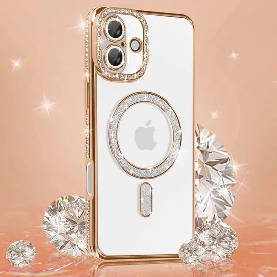 iPhone 16 Plus Hoesjes – MagSafe Glitter Backcover – Diamantjes – Glamour – Goud-Ilumina Benelux