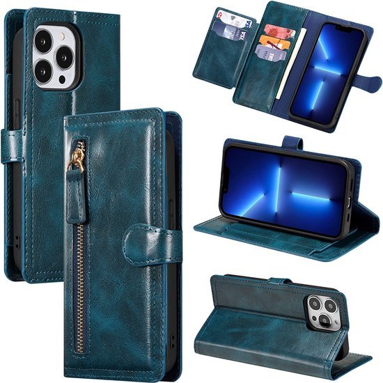 iPhone 13 Pro Max Hoesjes – Vintage Portemonnee Hoes – Magneetsluiting – Pasjeshouder – Blauw-Ilumina Benelux