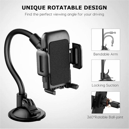 Telefoonhouder auto – Voorruit montage – Lange arm – 360° draaibaar – Zwart-Ilumina Benelux