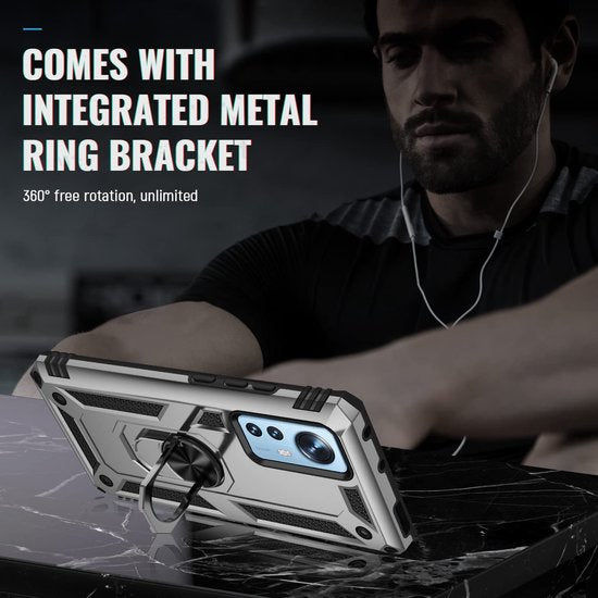 Xiaomi 12 / 12X Hoesjes – Ring Armor Backcover – Draaibare standaard – Magneet – Zilver-Ilumina Benelux
