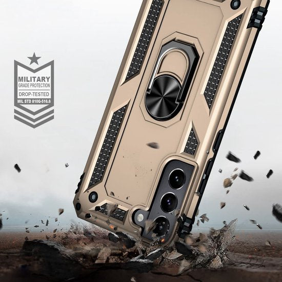 Samsung Galaxy S22 Plus Hoesjes – Ring Armor Backcover – 360° Draaibare Standaard – Magneet – Goud-Ilumina Benelux
