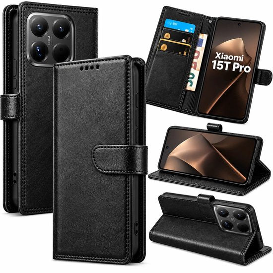 Bookcase Hoesje Geschikt voor Xiaomi 15T Pro - Luxe PU Kalfsleer Telefoonhoes- Portemonnee Hoesje met Kaartvakken, Contant Geldvak, Magneetsluiting & Standaardfunctie - Zwart