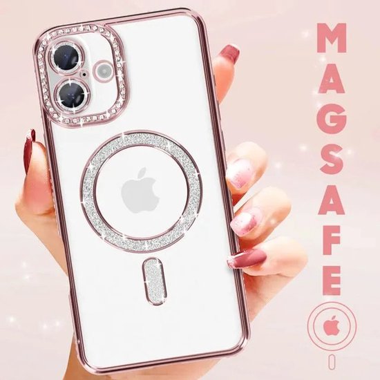 iPhone 16 Hoesjes – MagSafe Glitter Backcover – Diamantjes – Glamour – Roségoud-Ilumina Benelux