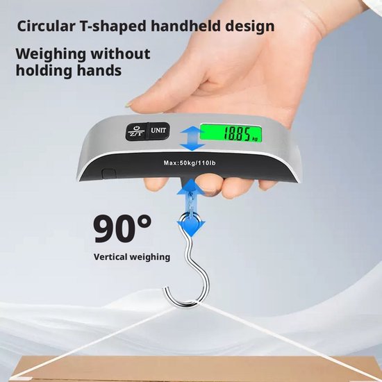 Digitale Bagageweegschaal Met Weeghaak & Thermometer - Koffer Weegschaal Bagage Bagageweger Kofferweger - Hang Weegschaal - Tot 50KG - Grijs - Inclusief Batterijen