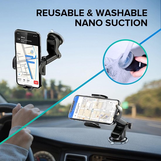 Telefoonhouder auto – 3-in-1 Dashboard/Raam/Ventilatierooster – 360° draaibaar – Zuignap & ventilatieclip – Zwart-Ilumina Benelux