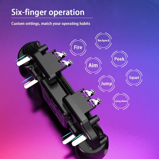 PUBG Mobiele Telefoon Game Controller met Koelventilator – 6 Vinger Bediening – L1R1 Mobiele Trigger Joystick – Geschikt voor iPhone & Android 4–6,8 inch Smartphone – Ergonomisch – Met 800mAh Ventilator