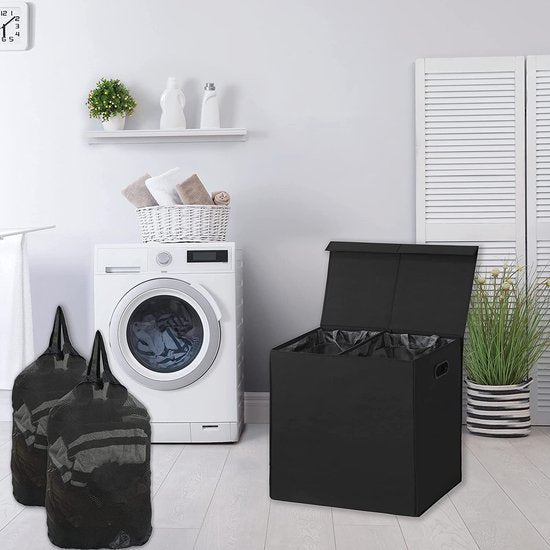 Wasmand dubbel – Wassorteerder met deksel – 2 uitneembare waszakken – 120L – Zwart-Ilumina Benelux