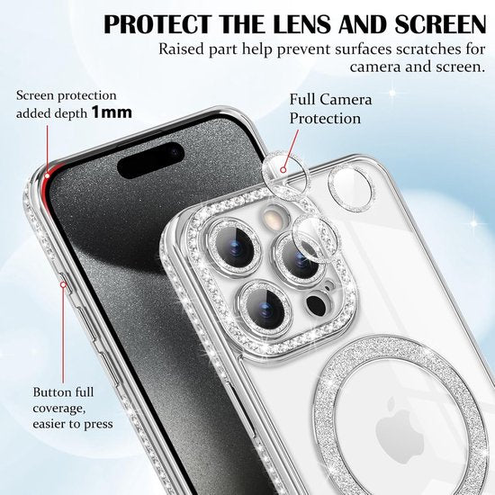 iPhone 14 Pro Hoesjes – MagSafe Magnetische Backcover – Glitter Sparkle – Schokbestendig – Zilver-Ilumina Benelux