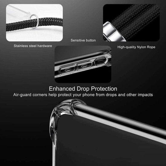 Samsung Galaxy A02s/A03s Hoesjes – Schokbestendige Backcover – Koord Draagriem Schouder/Nek – Anti Shock – Zwart-Ilumina Benelux