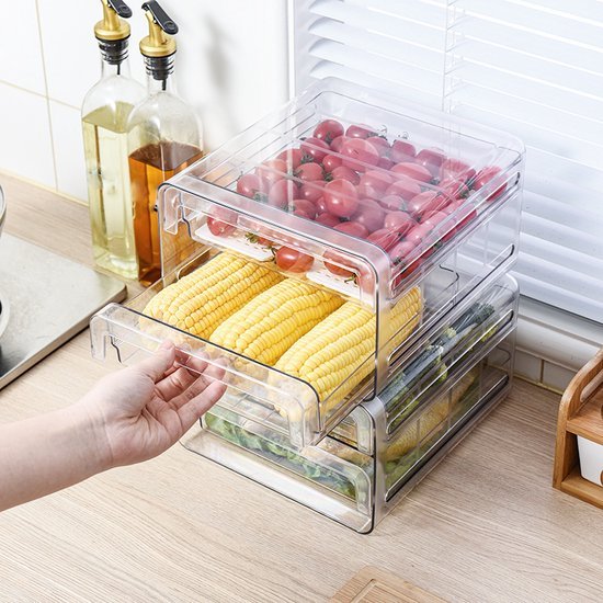 Koelkast organizer – Stapelbare PET opbergbox lade – Voor groente, fruit & vlees – 24×21,5×14 cm – Transparant-Keukenkastorganizer-Ilumina Benelux