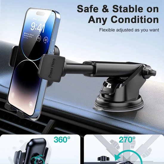 Telefoonhouder auto – Sterke zuignap – 360° draaibaar – Voor dashboard & voorruit – Universeel – Zwart-Ilumina Benelux