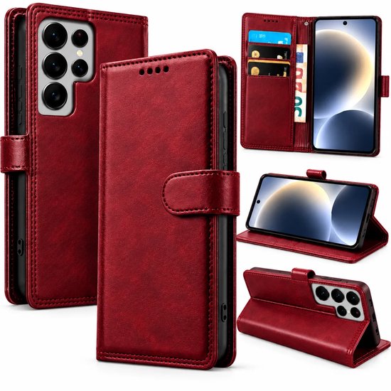 Bookcase Hoesje Geschikt voor Samsung Galaxy S26 Ultra - Luxe PU Kalfsleer Telefoonhoes- Portemonnee Hoesje met Kaartvakken, Contant Geldvak, Magneetsluiting & Standaardfunctie - Rood