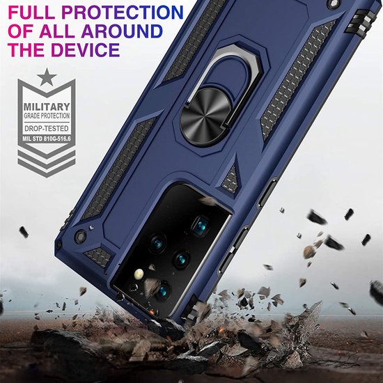Samsung Galaxy S21 Ultra Hoesjes – Ring Armor Backcover – 360° Draaibare Standaard – Magneet – Blauw-Ilumina Benelux