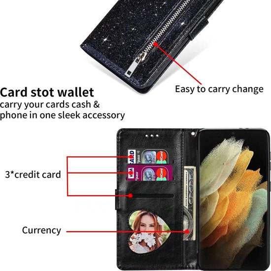 Samsung Galaxy S22 Plus Hoesjes – Glitter Portemonneehoes – Rits & Koord – Pasjeshouder – Zwart-Ilumina Benelux