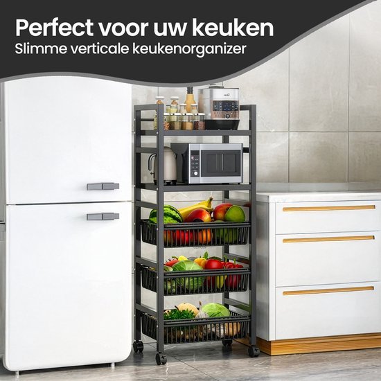 Keukenrek verrijdbaar – Velox Goods VL-518 – 5 lagen opbergrek – Metalen rek met gaasmanden – Zwart-Keukenmeubelset-Ilumina Benelux