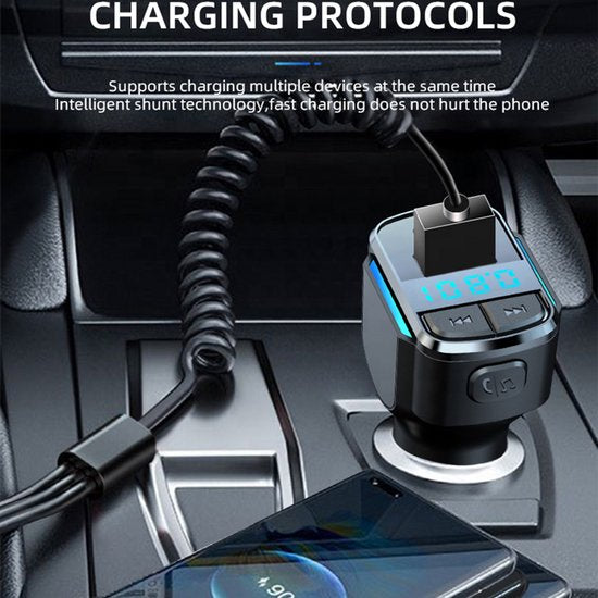 FM Transmitter auto – Bluetooth 5.0 Car Kit – Handsfree bellen – Type-C & USB-A snellader 3.1A – Zwart-Ilumina Benelux