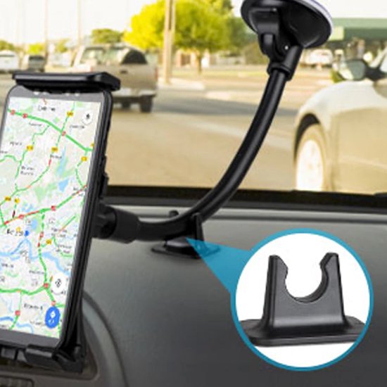 Telefoonhouder auto – 360° draaibaar – Lange arm zuignap voorruit/raam – Universeel 4-10.5 inch – Zwart-Tablethouder-Ilumina Benelux