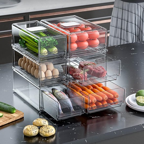 Koelkast organizer – Transparante schuiflade bak – BPA-vrij stapelbaar – 30×20,6×11,5 cm – Velox Goods VL-532-Keukenkastorganizer-Ilumina Benelux