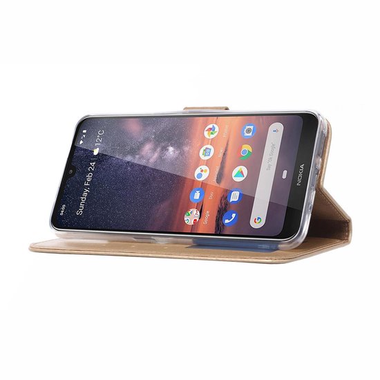 Nokia 3.2 Hoesjes – Portemonnee Hoes – Magneetsluiting – Pasjeshouder – Goud + 2x Screenprotector-Ilumina Benelux