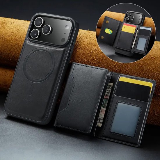 iPhone 17 Pro Max Hoesjes – MagSafe Wallet Case – Pasjeshouder 8 Kaartvakken – RFID-bescherming – Zwart