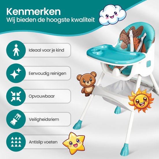Kinderstoel – Velox Goods VL-509 – Verstelbaar & Opvouwbaar – Veiligheidsgordel + Opbergmand – Speels Design-Kinderstoel-Ilumina Benelux