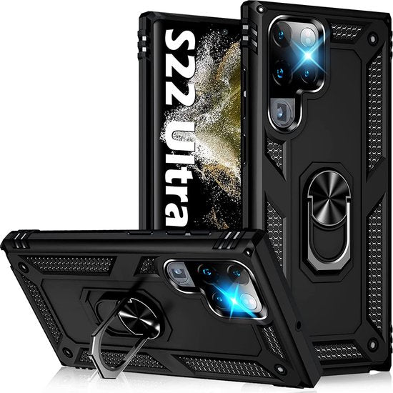 Samsung Galaxy S22 Ultra Hoesjes – Ring Armor Backcover – 360° Draaibare Standaard – Magneet – Zwart-Ilumina Benelux