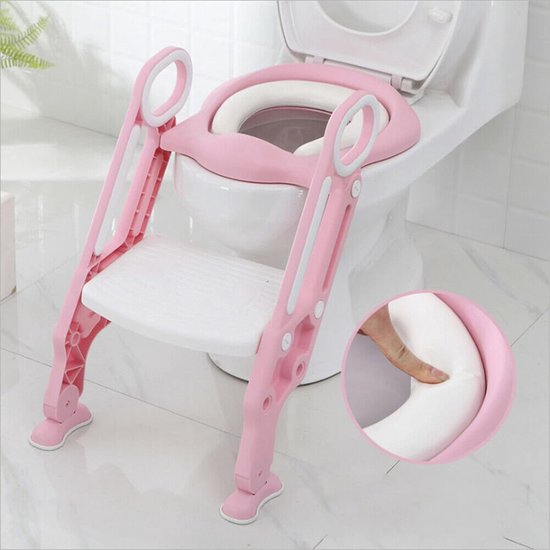 Toilettrainer met trapje – WC verkleiner met opstapje – Antislip – Voor kinderen 2-7 jaar – Roze/Wit-Toiletverkleiner-Ilumina Benelux