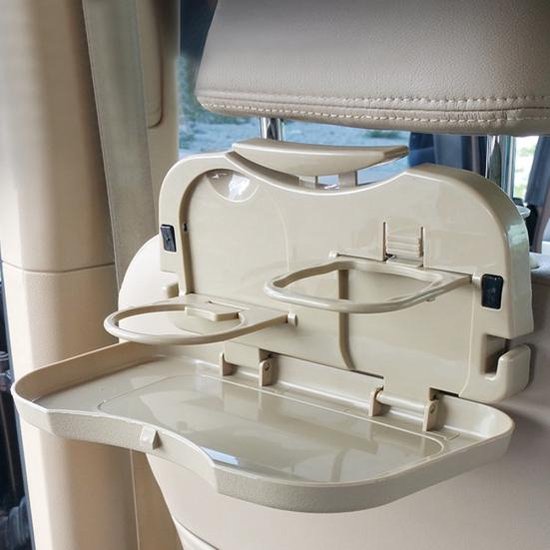 Achterbank autotafel – Hoofdsteun tafelblad met bekerhouder – Eten & drinken – Opvouwbaar – Beige