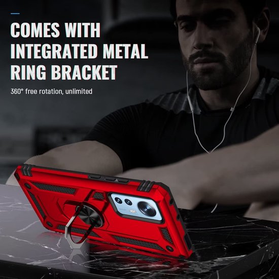 Xiaomi 12/12X Hoesjes – Ring Armor Backcover – 360° Draaibare Standaard – Magneet – Rood-Ilumina Benelux