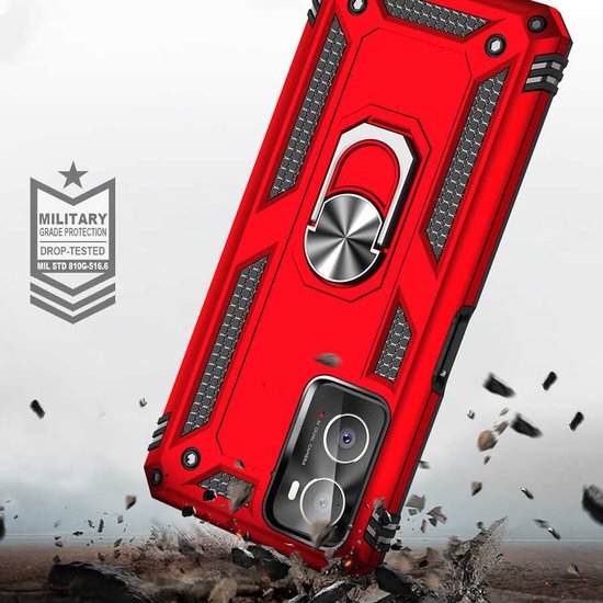 Oppo A96/A76/A36 Hoesjes – Ring Armor Backcover – 360° Draaibare Standaard – Magneet – Rood-Ilumina Benelux