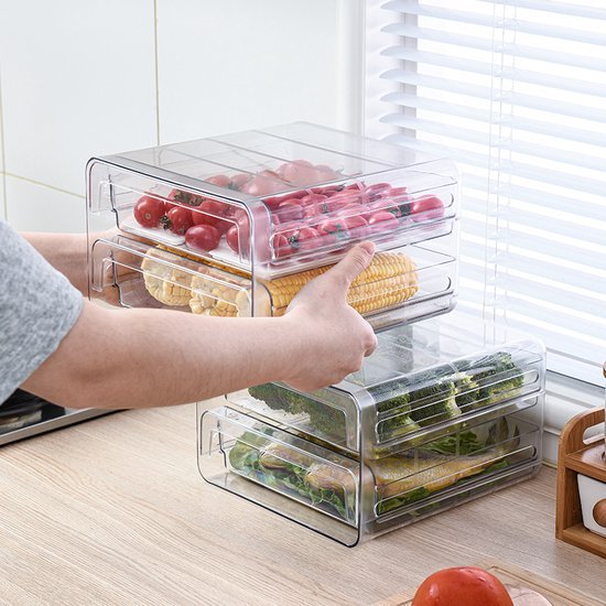 Koelkast organizer – Stapelbare PET opbergbox lade – Voor groente, fruit & vlees – 24×21,5×14 cm – Transparant-Keukenkastorganizer-Ilumina Benelux