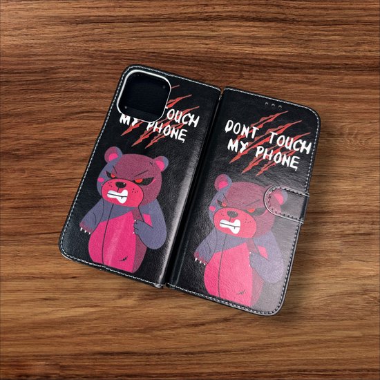 iPhone 14 Pro Max Hoesjes – Portemonnee Book Case – Pasjeshouder – Magneetsluiting – Don't Touch My Phone Print