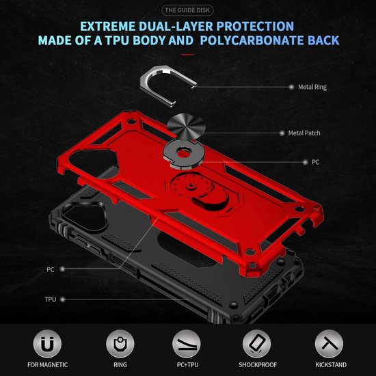 Anti-Shock Hybrid Ring Armor - Backcover Hoesje Geschikt voor: Samsung Galaxy A06 - Rood