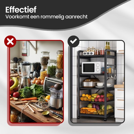 Keukenrek – Velox Goods VL-523 4-Laags Opbergrek met Magnetronplank – Metalen Staand Rek – Zwart-Keukenmeubelset-Ilumina Benelux