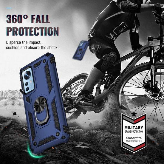 Xiaomi 12 / 12X Hoesjes – Ring Armor Backcover – 360° Draaibare Standaard – Magneet – Blauw-Ilumina Benelux