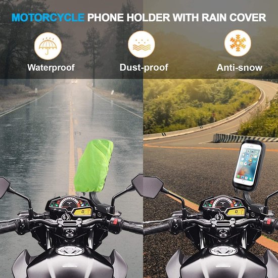 Telefoonhouder motor – Waterdicht met regenhoes – 360° draaibaar – Spiegelmontage – Voor telefoons tot 6,7 inch – Zwart-Ilumina Benelux