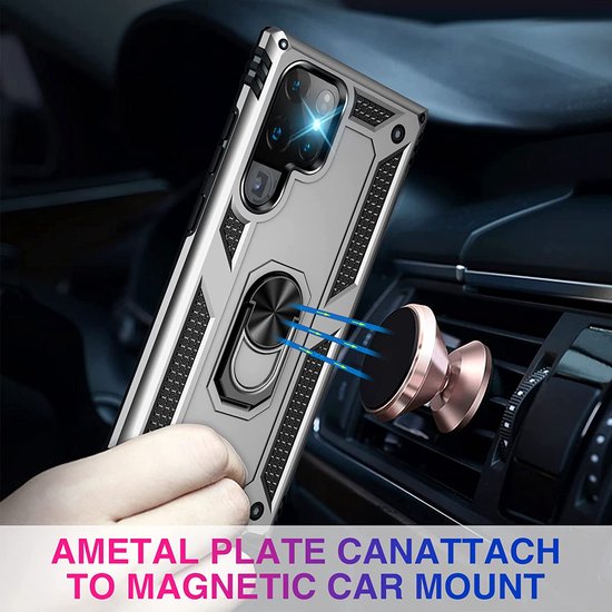 Samsung Galaxy S22 Ultra Hoesjes – Ring Armor Backcover – 360° Draaibare Standaard – Magneet – Zilver-Ilumina Benelux