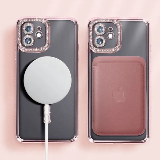 iPhone 12 Pro Max Hoesjes – MagSafe Glitter Backcover – Diamantjes – Glamour – Roségoud-Ilumina Benelux