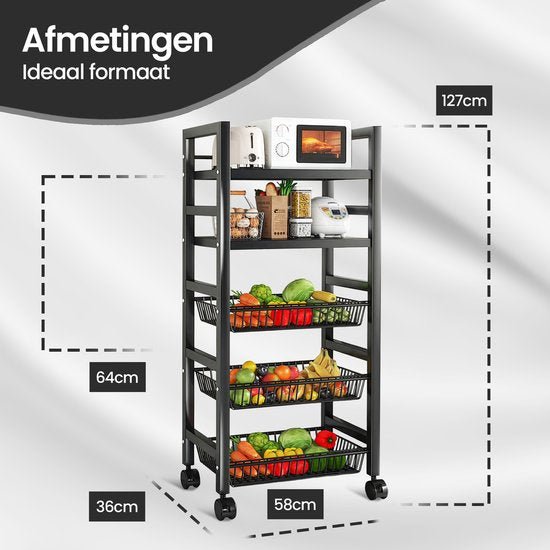 Keukenrek verrijdbaar – Velox Goods VL-518 – 5 lagen opbergrek – Metalen rek met gaasmanden – Zwart-Keukenmeubelset-Ilumina Benelux