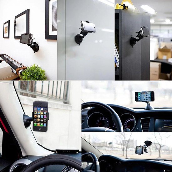 Telefoonhouder auto – Klem met zuignap – Voor voorruit, dashboard en bureau – Geschikt voor Samsung, iPhone, Oppo, Motorola – Zwart-Ilumina Benelux