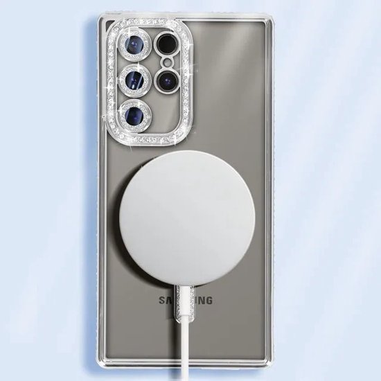 Samsung Galaxy S23 Ultra Hoesjes – MagSafe Glitter Backcover – Strass Diamantjes – Glamour – Zilver-Ilumina Benelux