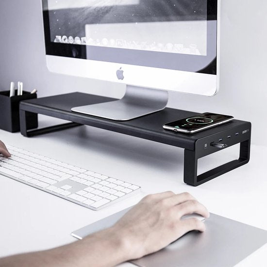 Monitorstandaard – Beeldscherm Verhoger Bureau – Draadloze Oplader – USB 3.0 HUB – Zilver-Monitorstandaard-Ilumina Benelux