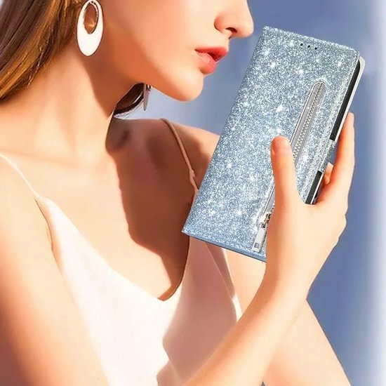 iPhone 12 Mini Hoesjes – Glitter Portemonnee Hoes – Rits & Koord – Zilver-Ilumina Benelux