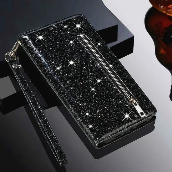Samsung Galaxy S23 Ultra Hoesjes – Glitter Portemonneehoes – Rits & Koord – Pasjeshouder – Zwart-Ilumina Benelux