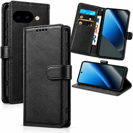 Bookcase Hoesje Geschikt voor Google Pixel 10A - Luxe PU Kalfsleer Telefoonhoes- Portemonnee Hoesje met Kaartvakken, Contant Geldvak, Magneetsluiting & Standaardfunctie - Zwart