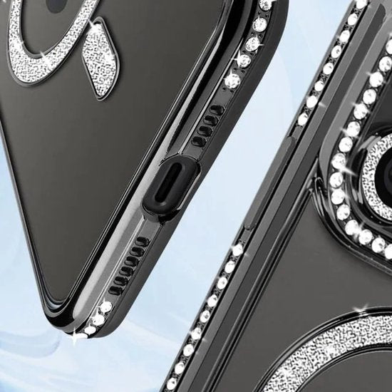 iPhone 13 Pro Max Hoesjes – MagSafe Glitter Backcover – Diamantjes – Glamour Design – Zwart-Ilumina Benelux