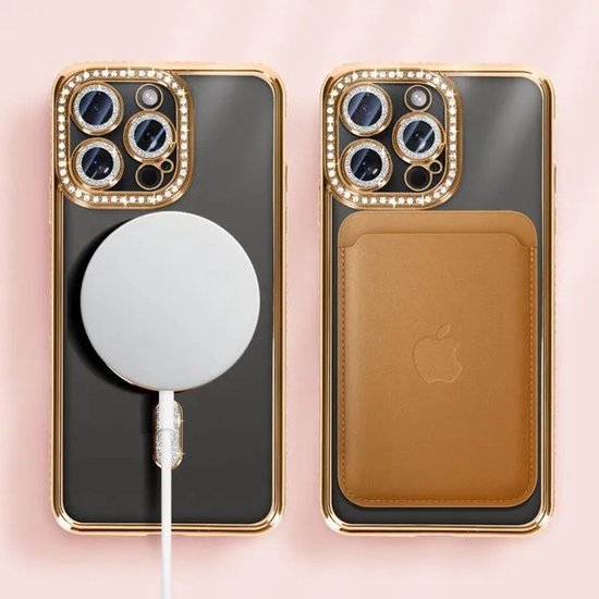 iPhone 14 Pro Hoesjes – MagSafe Glitter Backcover – Diamantjes – Glamour – Goud-Ilumina Benelux