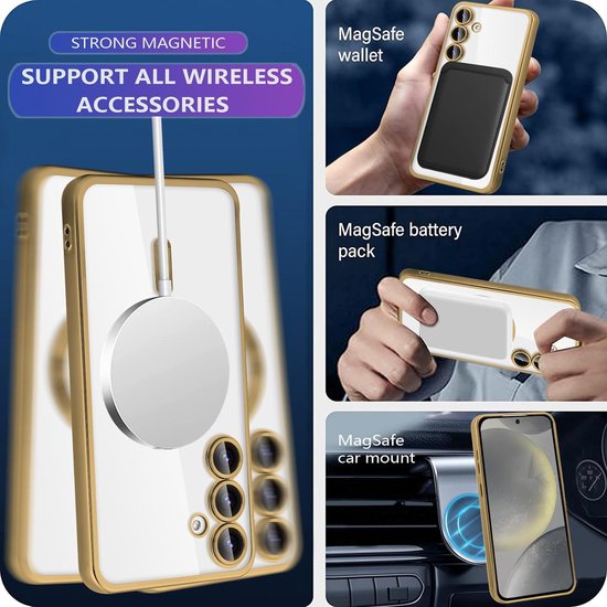 Samsung Galaxy S24 Hoesjes – Magnetische Magsafe Ring – Transparante Siliconen Backcover – Camera Lens Protector – Goud